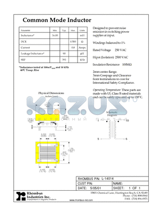 L-14014 datasheet - Common Mode Inductor