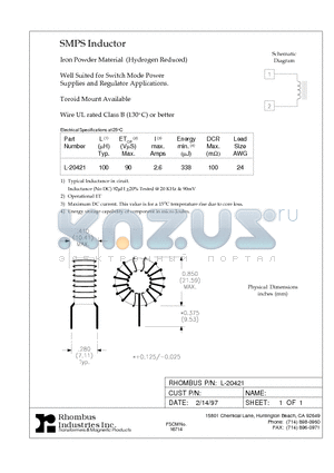 L-20421 datasheet - SMPS Inductor