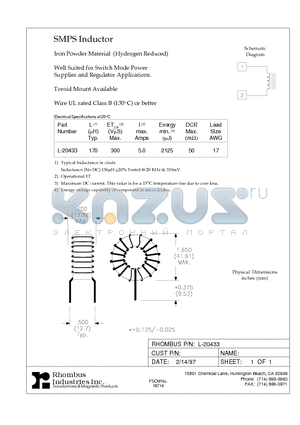 L-20433 datasheet - SMPS Inductor