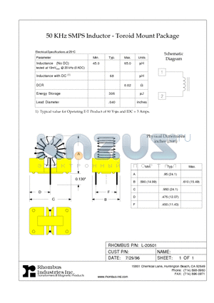 L-20501 datasheet - 50 KHz SMPS Inductor - Toroid Mount Package