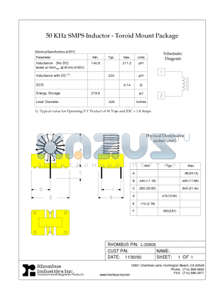 L-20505 datasheet - 50 KHz SMPS Inductor - Toroid Mount Package
