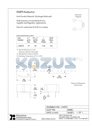 L-20573 datasheet - SMPS Inductor