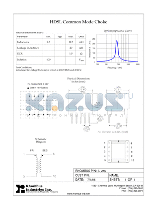 L-286_1 datasheet - HDSL Common Mode Choke