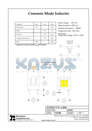 L-319 datasheet - Common Mode Inductor