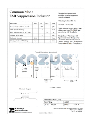 L-422 datasheet - Common Mode EMI Suppression Inductor