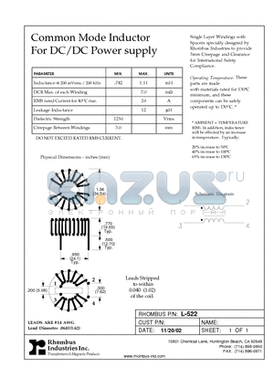 L-522 datasheet - Common Mode Inductor For DC/DC Power supply