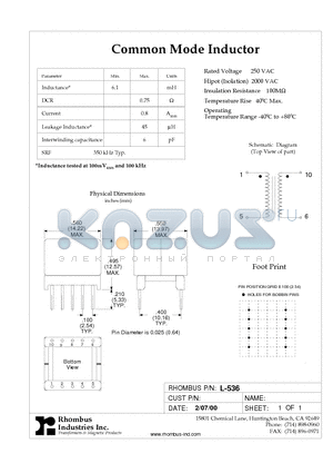 L-536 datasheet - Common Mode Inductor