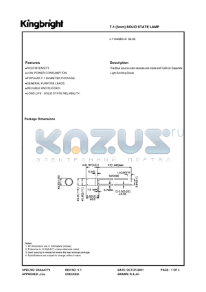 L-7104QBC-D datasheet - T-1 (3mm) SOLID STATE LAMP