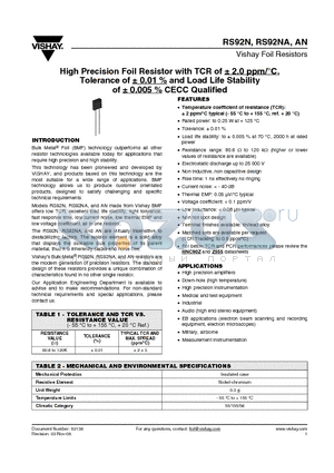 Y144280M5000C0L datasheet - High Precision Foil Resistor with TCR of a 2.0 ppm/`C, Tolerance of a 0.01 % and Load Life Stability of a 0.005 % CECC Qualified