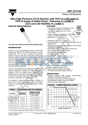 Y1453250K000A9L datasheet - Ultra High Precision Z-Foil Resistor with TCR of a 0.05 ppm/`C, PCR of 5 ppm at Rated Power, Tolerance of a 0.005 %