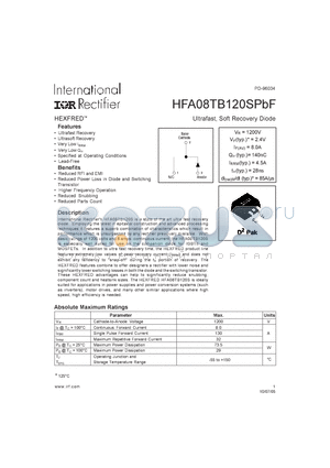 HFA08TB120SPBF datasheet - Ultrafast, Soft Recovery Diode