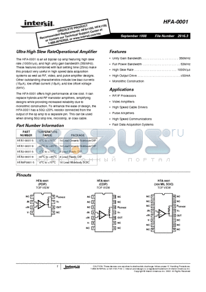 HFA1-0001-9 datasheet - Ultra High Slew RateOperational Amplifier