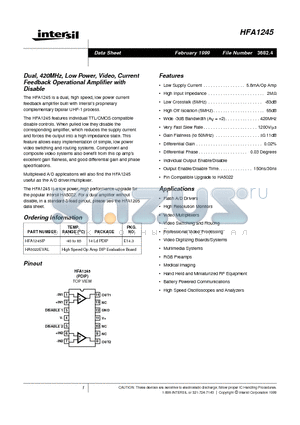 HFA1245 datasheet - Dual, 420MHz, Low Power, Video, Current Feedback Operational Amplifier with Disable