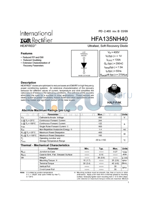 HFA135NH40 datasheet - Ultrafast, Soft Recovery Diode