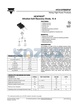 HFA15PB60PBF datasheet - Ultrafast Soft Recovery Diode, 15 A