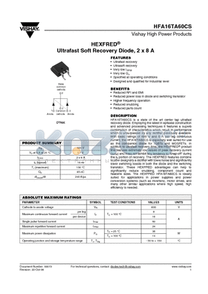 HFA16TA60CS datasheet - Ultrafast Soft Recovery Diode, 2 x 8 A