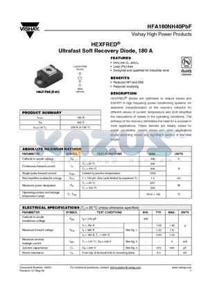 HFA180NH40PBF datasheet - HEXFRED^ Ultrafast Soft Recovery Diode, 180 A