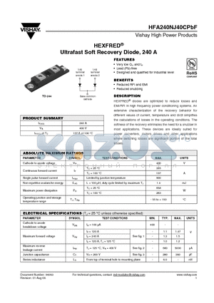 HFA240NJ40CPBF datasheet - HEXFRED^ Ultrafast Soft Recovery Diode, 240 A