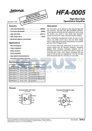 HFA2-0005-9 datasheet - High Slew Rate Operational Amplifier