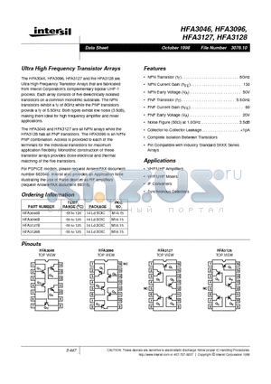 HFA3046B datasheet - Ultra High Frequency Transistor Arrays