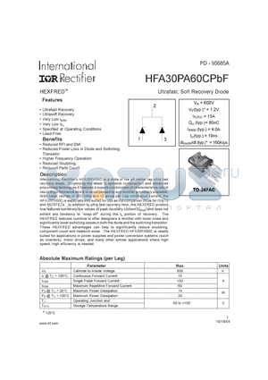 HFA30PA60CPBF datasheet - Ultrafast Soft Recovery Dioe