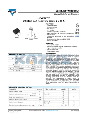 HFA30TA60CSPBF datasheet - HEXFRED Ultrafast Soft Recovery Diode, 2 x 15 A