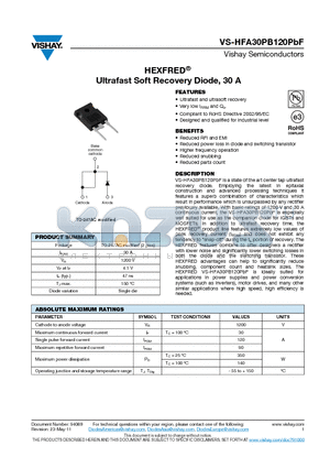 HFA30PB120PBF datasheet - HEXFRED Ultrafast Soft Recovery Diode, 30 A
