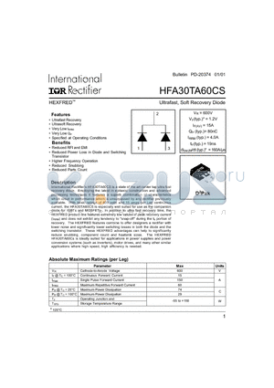 HFA30TA60CS datasheet - Ultrafast, Soft Recovery Diode