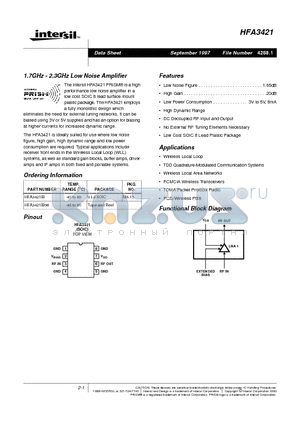 HFA3421 datasheet - 1.7GHz - 2.3GHz Low Noise Amplifier