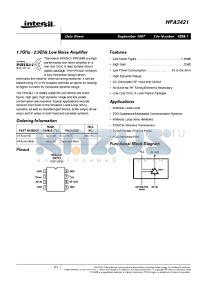HFA3421IB96 datasheet - 1.7GHz - 2.3GHz Low Noise Amplifier