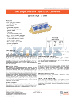 MHV2805D/883 datasheet - MHV Single, Dual and Triple DC/DC Converters