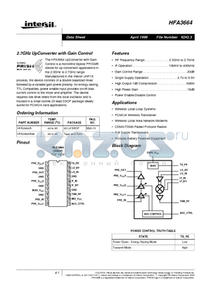 HFA3664IA96 datasheet - 2.7GHz UpConverter with Gain Control