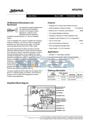 HFA3783IN96 datasheet - I/Q Modulator/Demodulator and Synthesizer