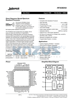 HFA3824AIV96 datasheet - Direct Sequence Spread Spectrum Baseband Processor