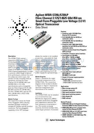 HFBR-5720LP datasheet - Fibre Channel 2.125/1.0625 GBd 850 nm Small Form Pluggable Low Voltage (3.3 V) Optical Transceiver