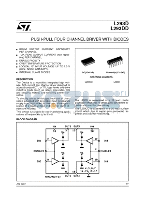 L293DD datasheet - PUSH-PULL FOUR CHANNEL DRIVER WITH DIODES