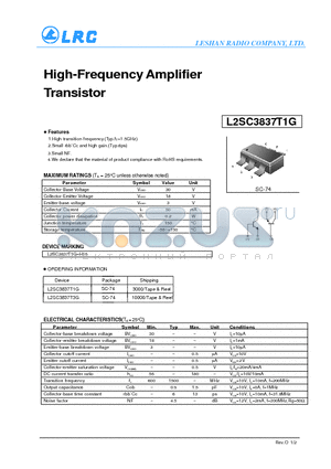 L2SC3837T3G datasheet - High-Frequency Amplifier Transistor Small rbb Cc and high gain