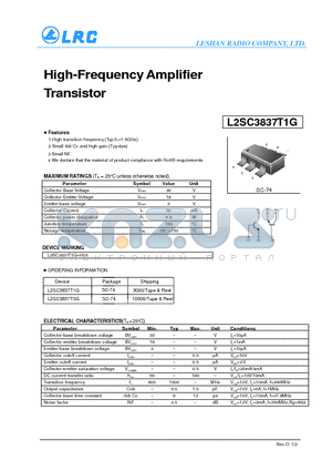 L2SC3837T1G datasheet - High-Frequency Amplifier Transistor Small rbb Cc and high gain