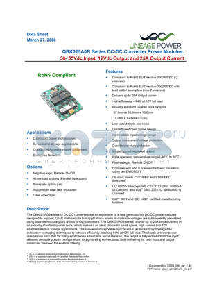 QBK025A0B741-BH datasheet - 36-55Vdc Input; 12Vdc Output Voltage; 25A Output Current