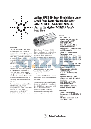 HFCT-5942ATG datasheet - Single Mode Laser Small Form Factor Transceivers for ATM, SONET OC-48/SDH STM-16 Part of the Agilent METRAK family