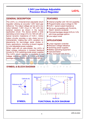 L431LNB datasheet - 1.24V Low-Voltage Adjustable Precision Shunt Regulator
