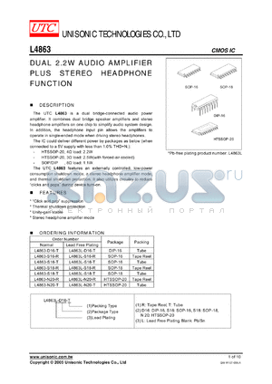 L4863L-N20-R datasheet - DUAL 2.2W AUDIO AMPLIFIER PLUS STEREO HEADPHONE FUNCTION