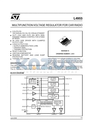 L4953 datasheet - MULTIFUNCTION VOLTAGE REGULATOR FOR CAR RADIO