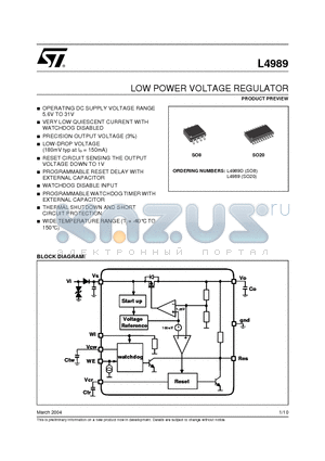 L4989D datasheet - LOW POWER VOLTAGE REGULATOR