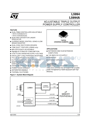 L5994A datasheet - ADJUSTABLE TRIPLE OUTPUT POWER SUPPLY CONTROLLER