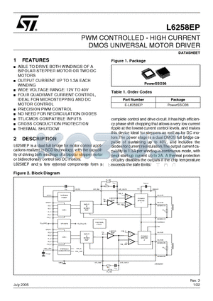 L6258EP datasheet - PWM CONTROLLED - HIGH CURRENT DMOS UNIVERSAL MOTOR DRIVER