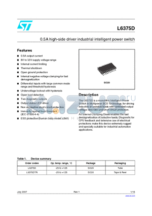 L6375DTR datasheet - 0.5A high-side driver industrial intelligent power switch