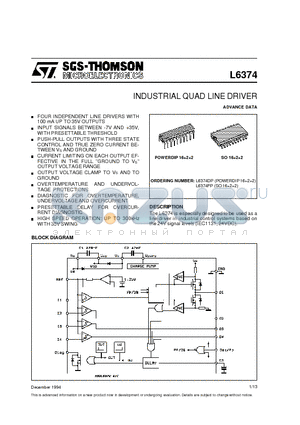 L6374 datasheet - INDUSTRIAL QUAD LINE DRIVER