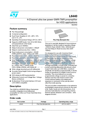 L6440 datasheet - 4-Channel ultra low power GMR-TMR preamplifier for HDD applications