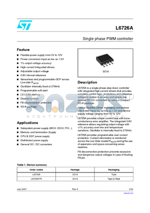 L6726ATR datasheet - Single phase PWM controller